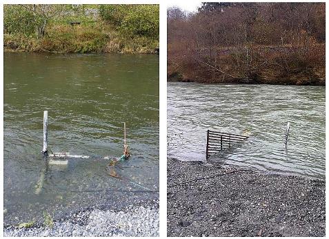 Photographs of the sonar camera setup in Redwood Creek, Humboldt County, CA. The camera is housed in an aluminum box  near the bank of the river, with a metal fence downstream to prevent fish from passing behind the camera.