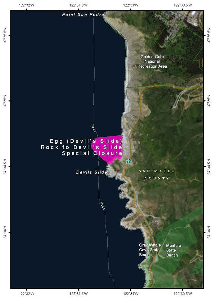 Map of Egg (Devil's Slide) Rock to Devil's Slide Special Closure - click to enlarge in new tab