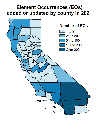 Map of the number element occurrences that were added or updated by county in 2021