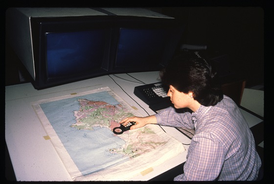 1980s photo of CNDDB staff digitizing an element occurrence from a paper map