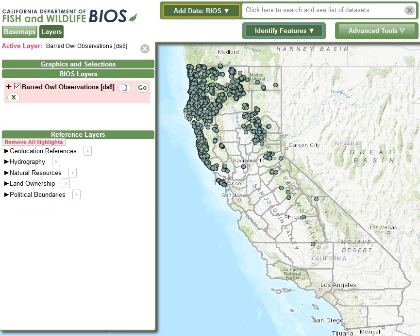 Screenshot of BIOS mapping application displaying the barred owl dataset