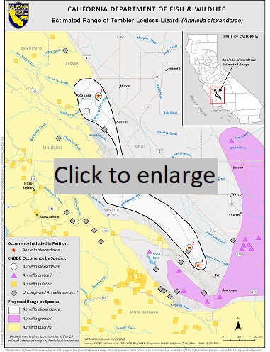 Thumbnail of Temblor legless lizard estimated range map - click to view larger image