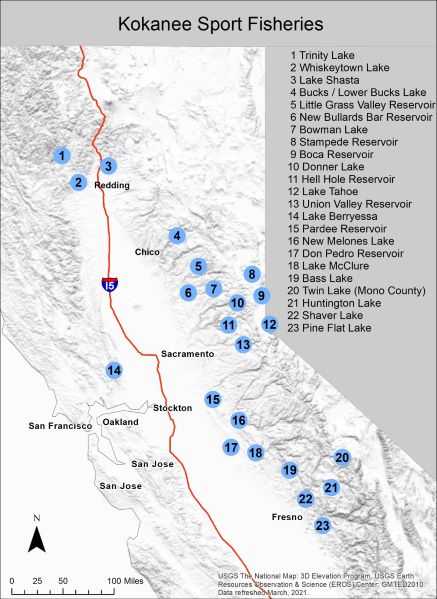map showing the location of Kokanee fisheries in California
