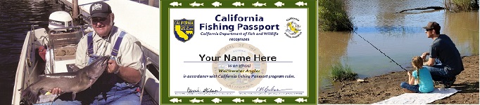 three images side by side, with a man holding a catfish in his boat, a Warmwter Angler Award certificate, and a man fishing with his daughter next to a pond