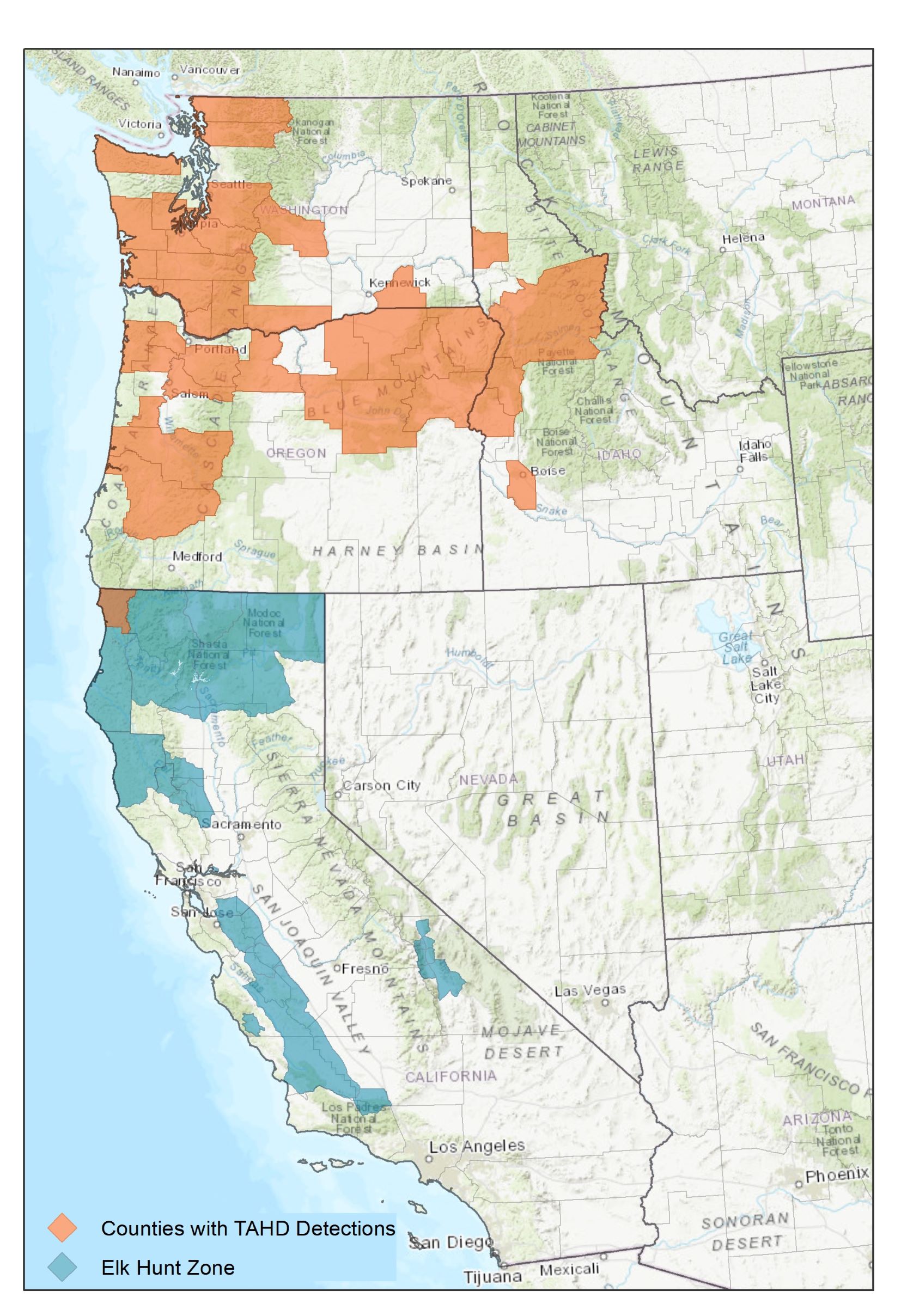 Map of counties (shown in orange) in Washington, Idaho, Oregon, and California where TAHD has been detected in elk. Distributions of elk in California are shown in blue