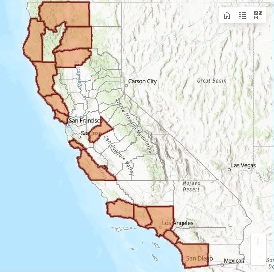 Map of California with highlighted counties as an example of reported fish rescue locations - click to view rescue dashboard