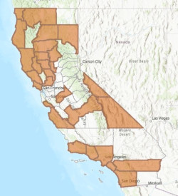 Map of California with highlighted counties as an example of reported fish rescue locations - link open in new tab