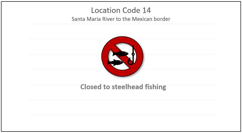 Image of a fishing icon with a red crossed out circle indicating that the Santa Maria River to the Mexican border (Location Code 14) is closed to steelhead fishing.