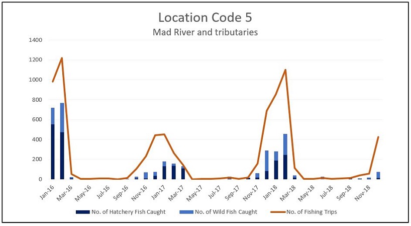 Graph of the reported number of steelhead caught and the number of fishing trips per month for the Mad River and its tributaries (Location Code 5) from 2016 through 2018. 