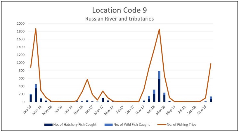 Graph of the reported number of steelhead caught and the number of fishing trips per month for the Russian River and its tributaries (Location Code 9) from 2016 through 2018. 