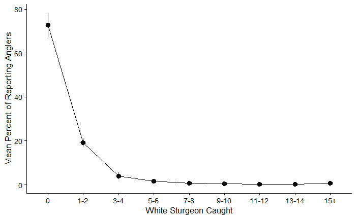 Graph of the average percent of all anglers that report catching White Sturgeon (kept or released).