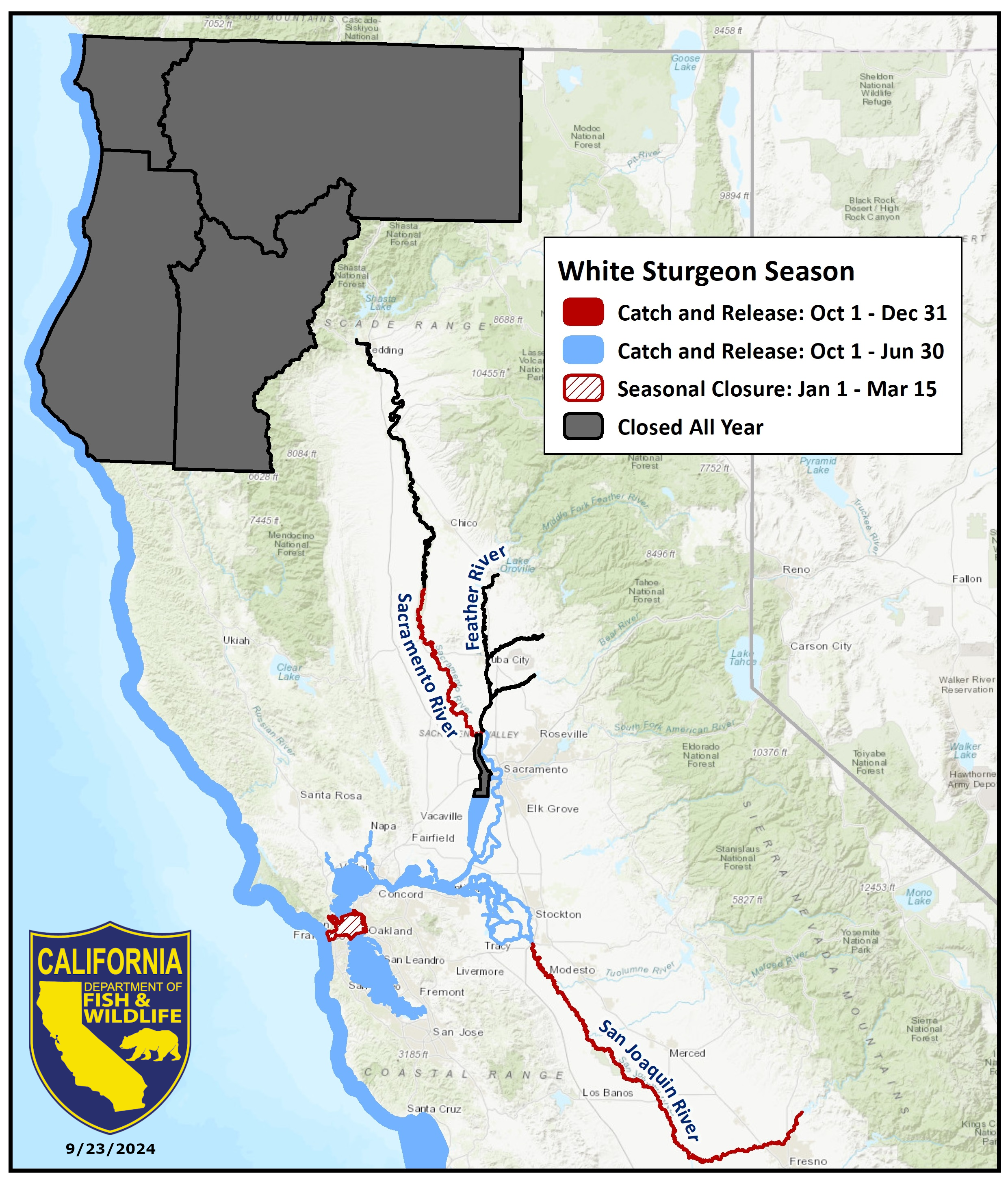 Map showing season and area closures for catch and release White Sturgeon fishing