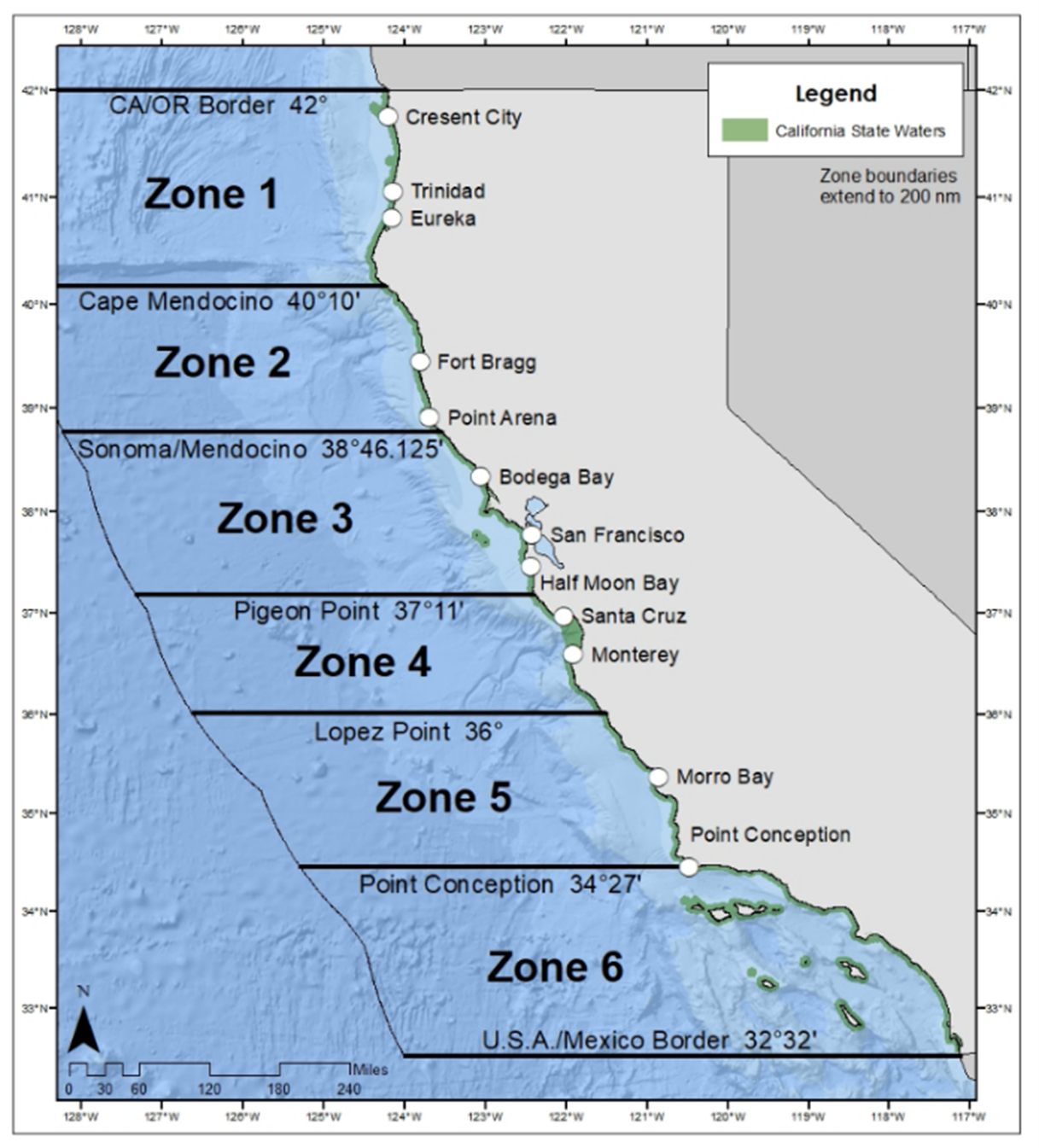 map of Dungeness crab fishing zones off California coast