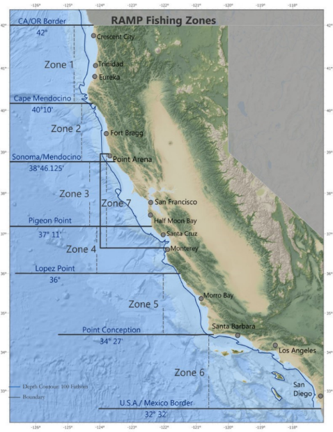 Map showing six RAMP fishing zones off California coast
