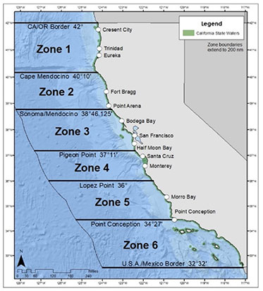 Map showing California fishing zones