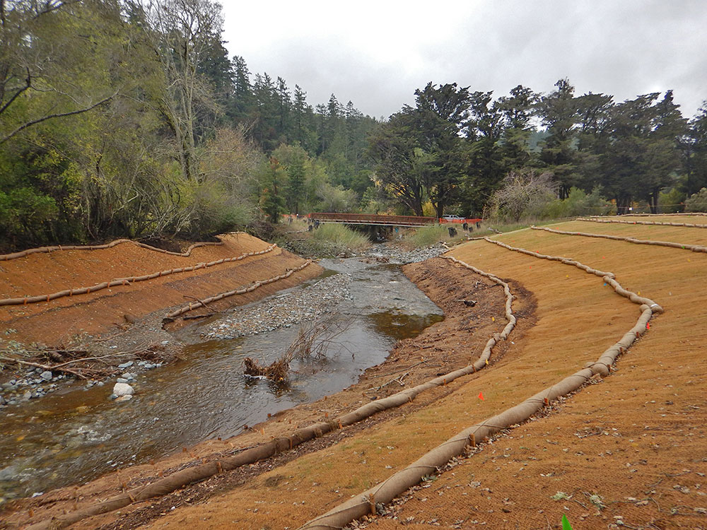 Panoramic view of a bridge and riverbed, part of the Roy’s Pools restoration project to benefit coho salmon.
