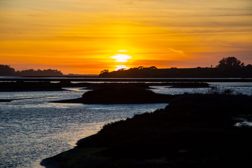 Orange sunset over marshes and water