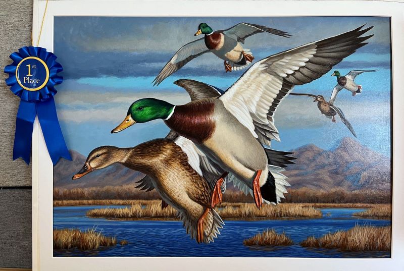 Painting with blue ribbon of mallards in flight - click to enlarge in new tab
