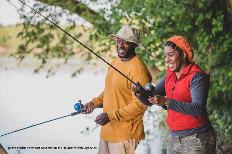 Two people holding fishing poles