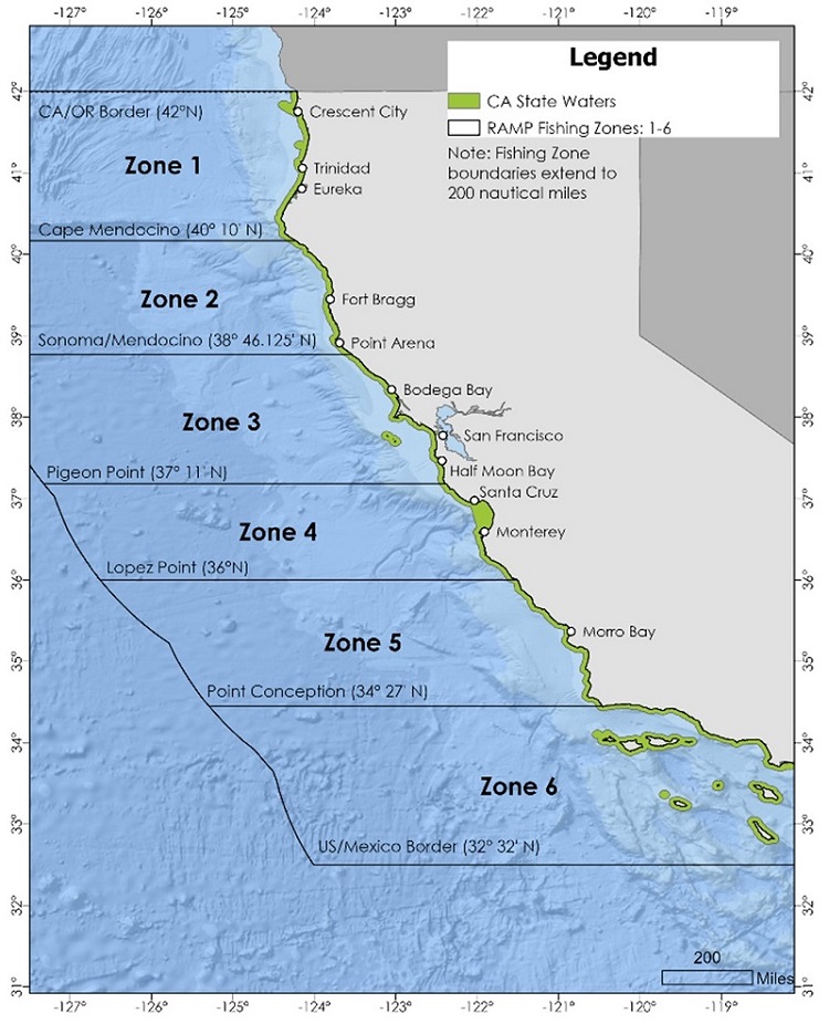 Map of crab fishing zones off of the California coastline.