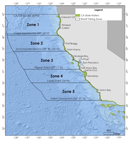 Graphic map of Dungeness crab fishing zones off the California coast.