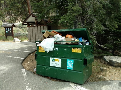 A green dumpster overflows with garbage in the Lake Tahoe Basin.