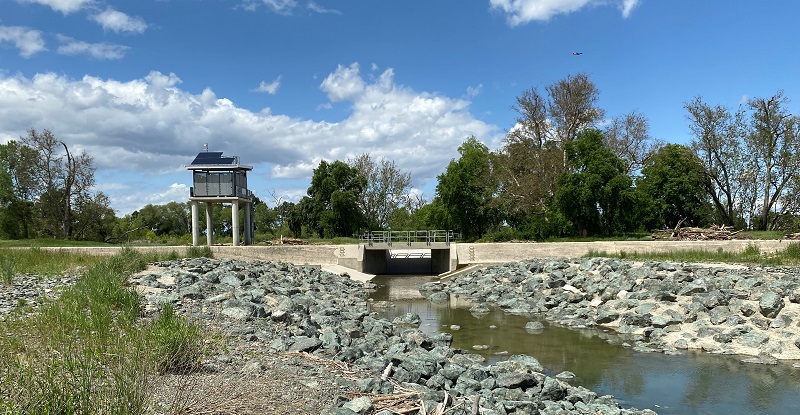 An overview of the Fremont Weir Adult Fish Passage, including the stream channel leading to the Sacramento River.