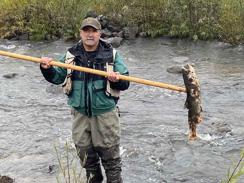 CDFW staff hold up a spawned-out Chinook salmon carcass in Jenny Creek.