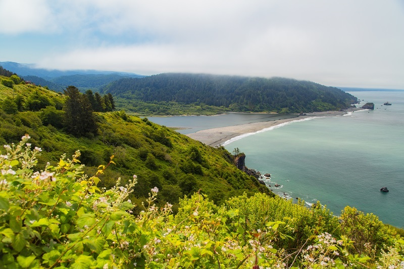 A panoramic, sweeping view of the mouth of the Klamath River where it enters the Pacific Ocean.