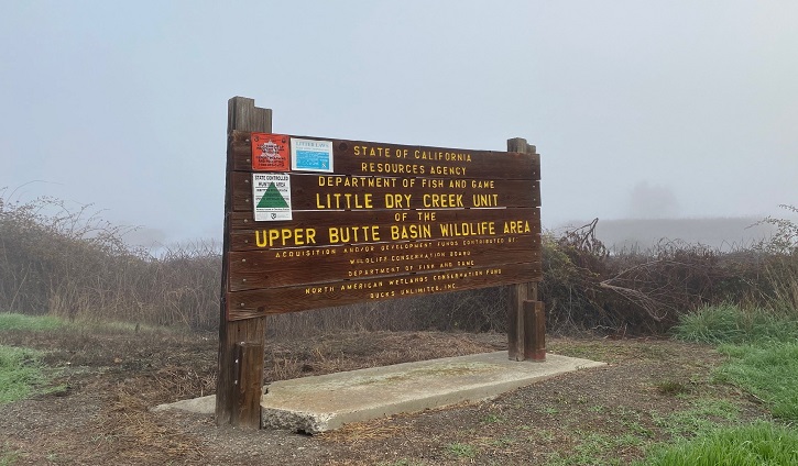 The entrance sign to the Little Dry Creek Unit, Upper Butte Basin Wildlife Area in the Sacramento Valley.