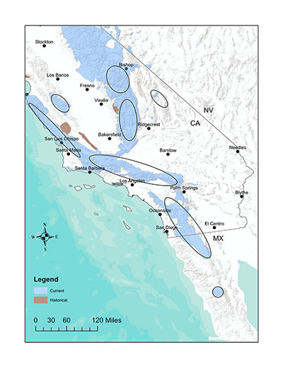 Map of Southern California mountain quail sampling areas - click to enlarge in new window.