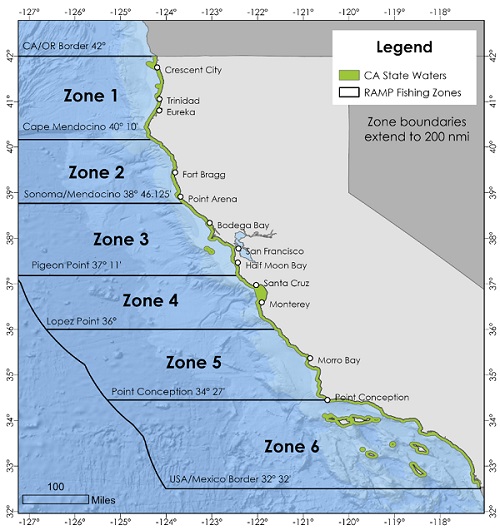 Map of marine fishing zones off the California coast.
