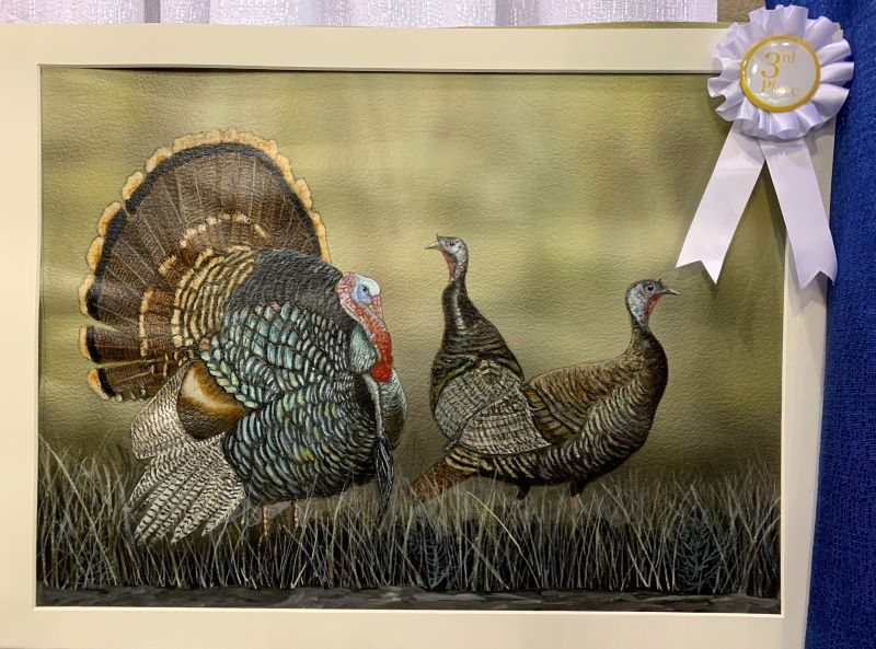 Painting with white ribbon of three turkeys in brown grass - click to enlarge in new tab