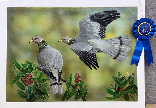 Painting of pigeons on green background - click to enlarge in new tab