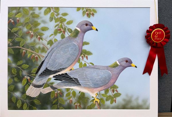 Painting of pigeons in tree with acorns - click to enlarge in new tab