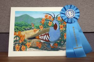 Painting of a mountain quail standing among orange flowers, with blue honorable mention ribbon