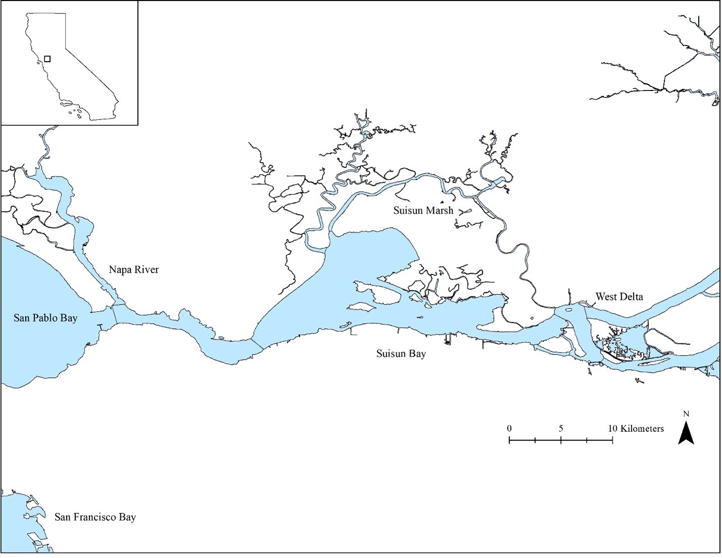 Map of the San Francisco Estuary showing the 5 regions used in this study. San Pablo Bay is the most marine influenced region and the West Delta is the most freshwater influenced.