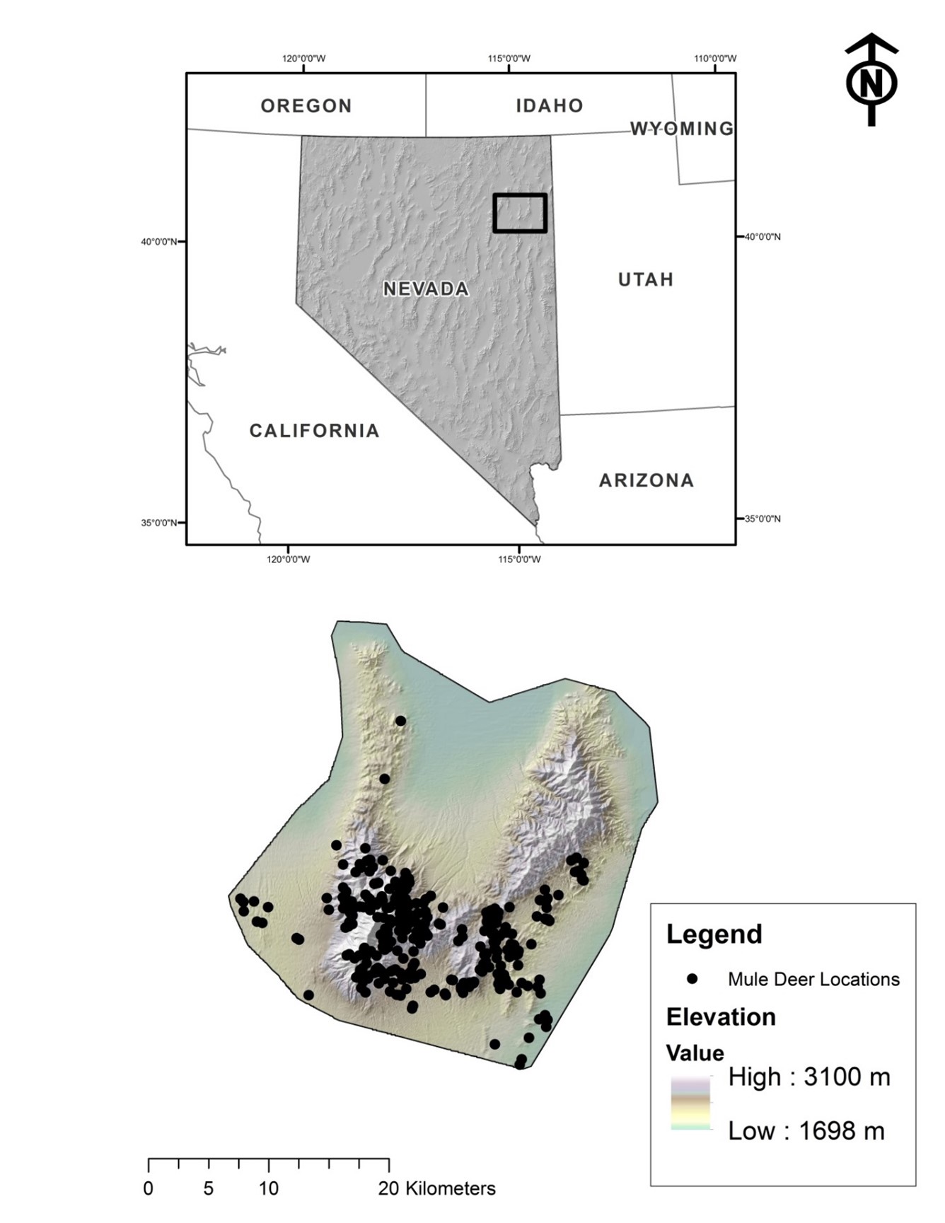 [Map showing the Spruce Mountain study area in northeastern Nevada, Elko County, USA. Black circles represent mule deer locations from autumn 1993 through spring 2001.]