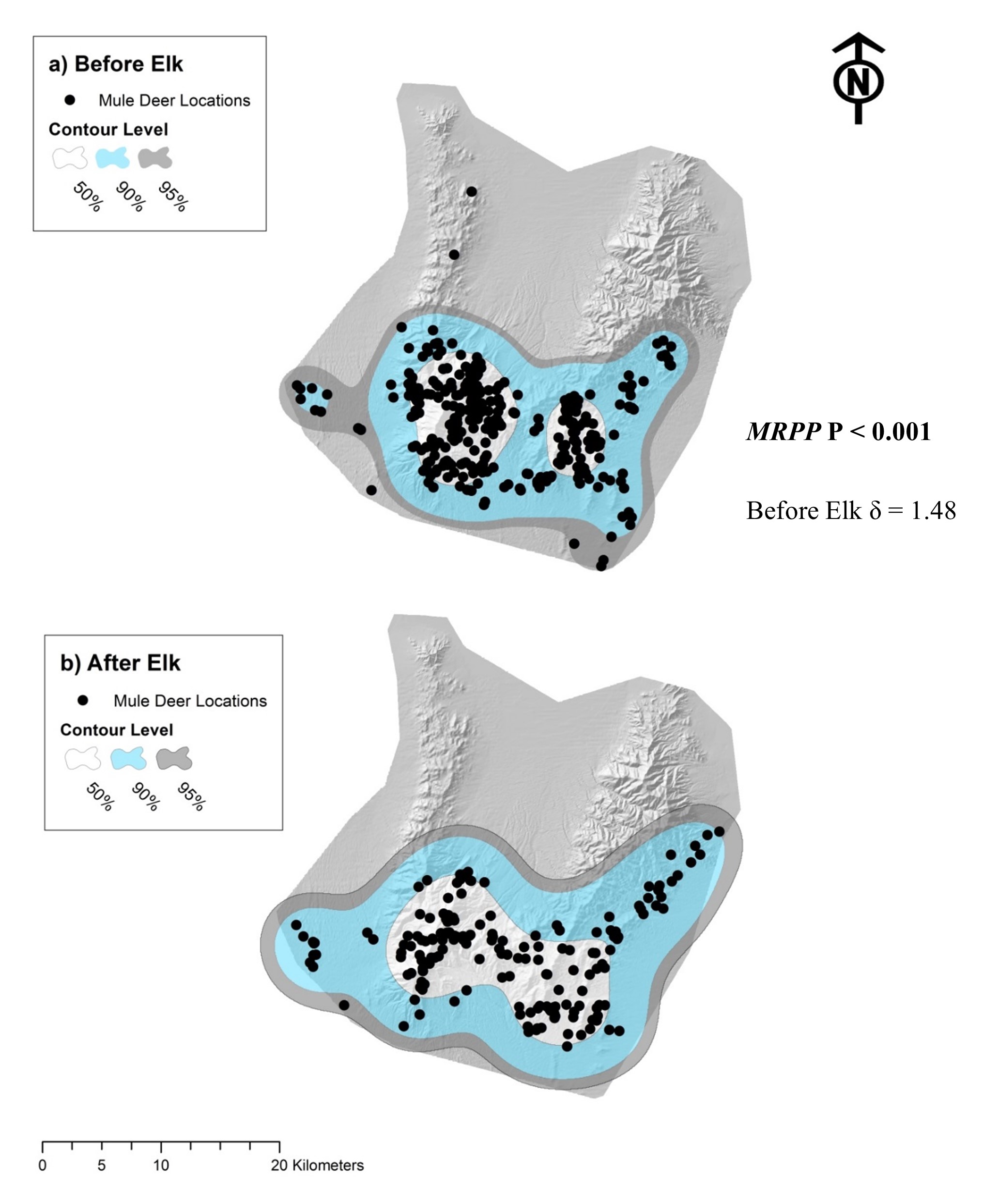 Percent contour levels from kernel density estimates (KDE) based on mule deer locations before elk introduction (a) from autumn 1993 to spring 1996 and and after elk introduction (b) from autumn 1998 to spring 2001 in eastern Nevada, USA. Contour levels were calculated from utilization distribution (UD) and represent the 95% (outer range), 90% (inner range), and 50% (core activity range) from 50-m resolution GIS raster of the utilization distribution (UD).