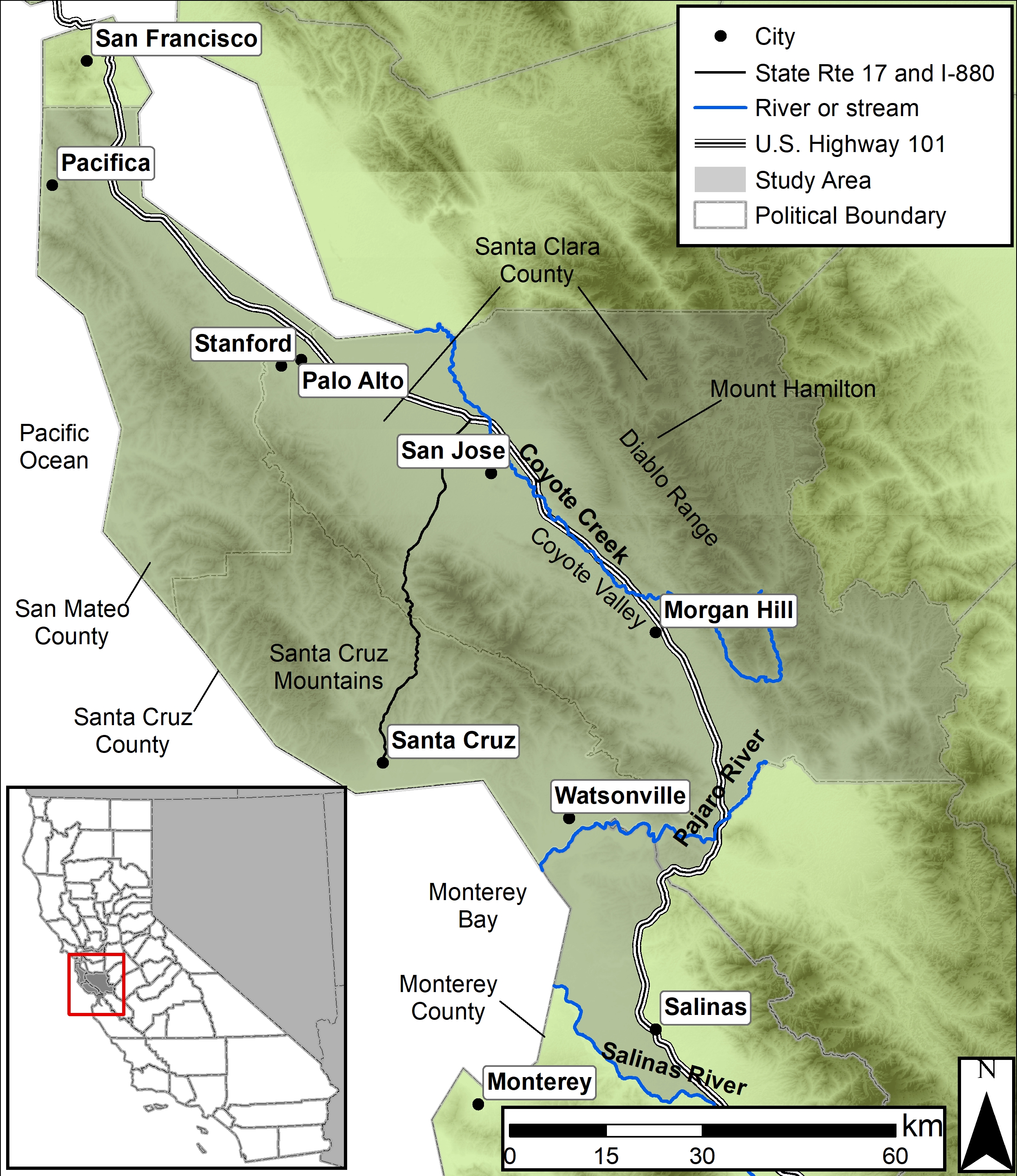 Figure 1. The study area (gray shading) illustrates the counties with protected open space lands available to westward expansion of elk, if enabled by crossings over and under of U.S. Highway 101. It is bordered by San Francisco County to the north, and the Salinas River in Monterey County to the south. It also includes the area of aerial survey of the existing elk herds in Santa Clara County east of the freeway in the Diablo Range. Green shading displays topographic relief, with lighter shading indicating lower elevations and darker shading indicating higher elevations.