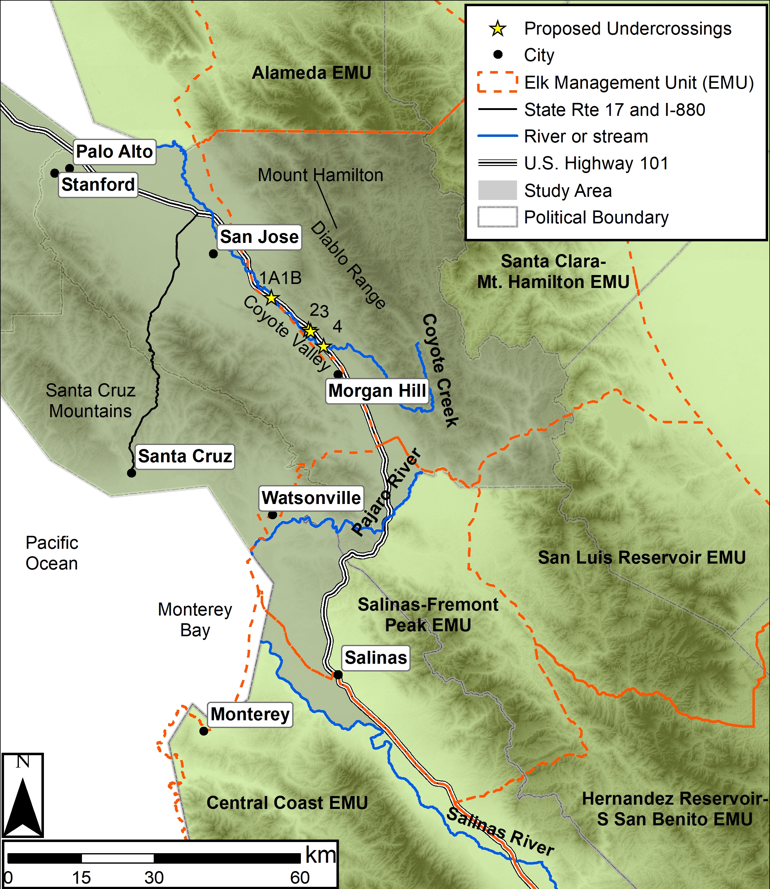 Figure 3. Map showing U.S. Highway 101 bisecting Coyote Valley, the narrowest gap between the foothills of Mt. Hamilton in the Diablo Range and the Santa Cruz Mountains. Undercrossings which could be modified to enable elk passage are 1A and 1B = Northwest Coyote Creek, 2 = Golf Cart Utility, 3 = Coyote Creek Golf Drive, 4 = Southeast Coyote Creek. Green shading displays topographic relief, with lighter shading indicating lower elevations and darker shading indicating higher elevations.
