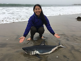 Chen Chen on the beach with small shark