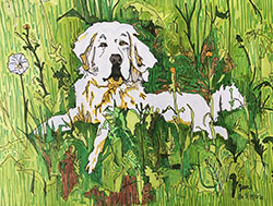 Scientist, Jennifer Garrison's portrait of a yellow dog sitting in tall grass with flowers