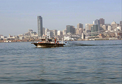 a trawler pulling a net on San Francisco Bay with the city in the background