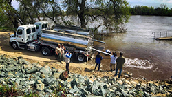Seven people watch fish come out of a 10-foot pipe from a CDFW tank truck, into a root beer-colored river
