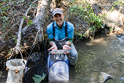 Man with graying goatee and mustache in gray waders and blue shirt holding small fish kneeling in stream behind three mesh bags. Stream bank and tree in background.