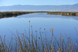 Waterway with mountains in background