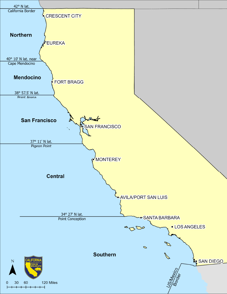 map of california showing adjacent ocean sportfishing regions