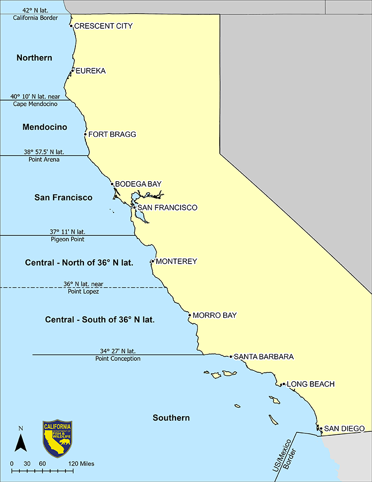 map of california showing adjacent ocean sportfishing regions