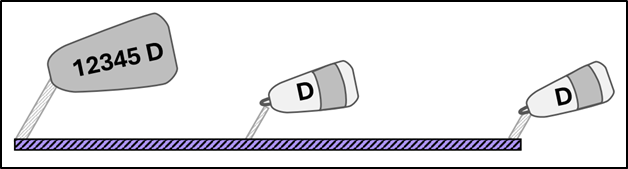 Adopted buoy marking - a large buoy is marked with a commercial fishing license number followed by the letter “D” and two smaller buoys each marked with letter “D”.